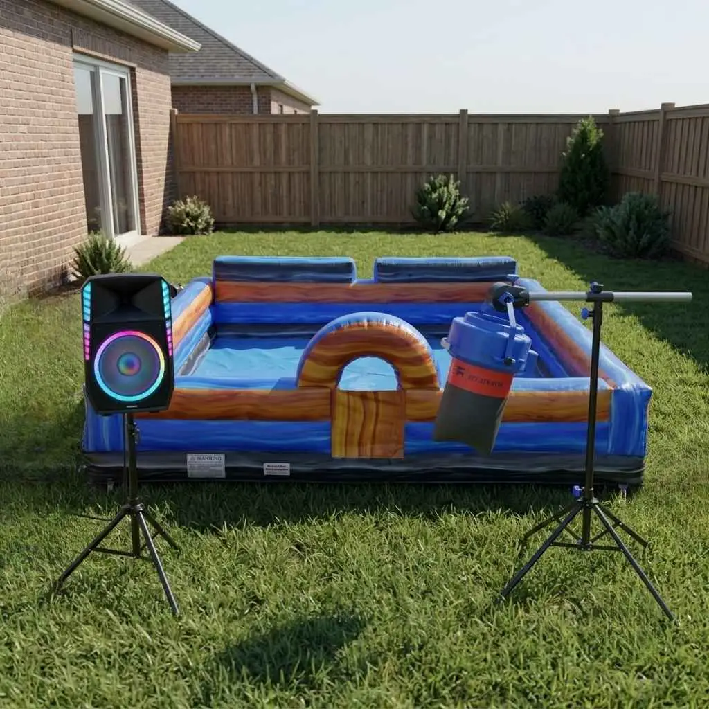 PartyZone foam party setup in New Orleans LA with foam machines and an inflatable foam pit ready for guests